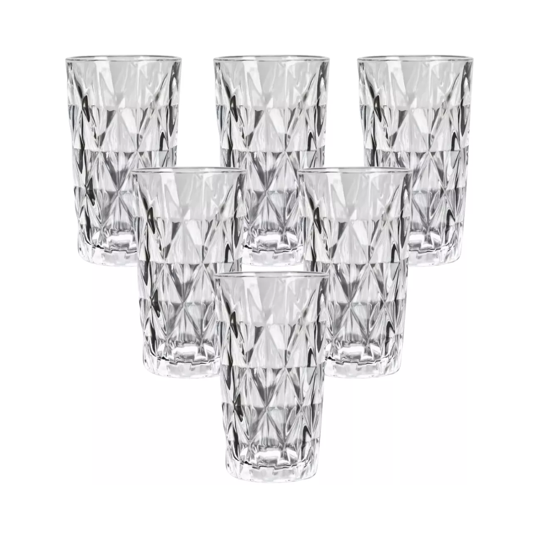 Jogo com 6 Copos Altos Diamond 360ml em Vidro Temperado Resistente