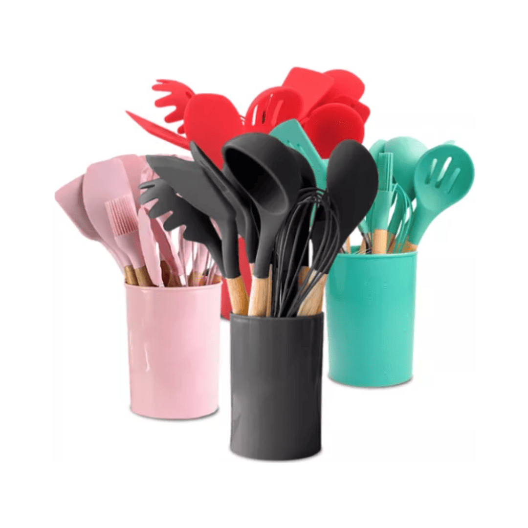 Kit 12 Utensílios de Cozinha em Silicone e Cabo de Madeira
