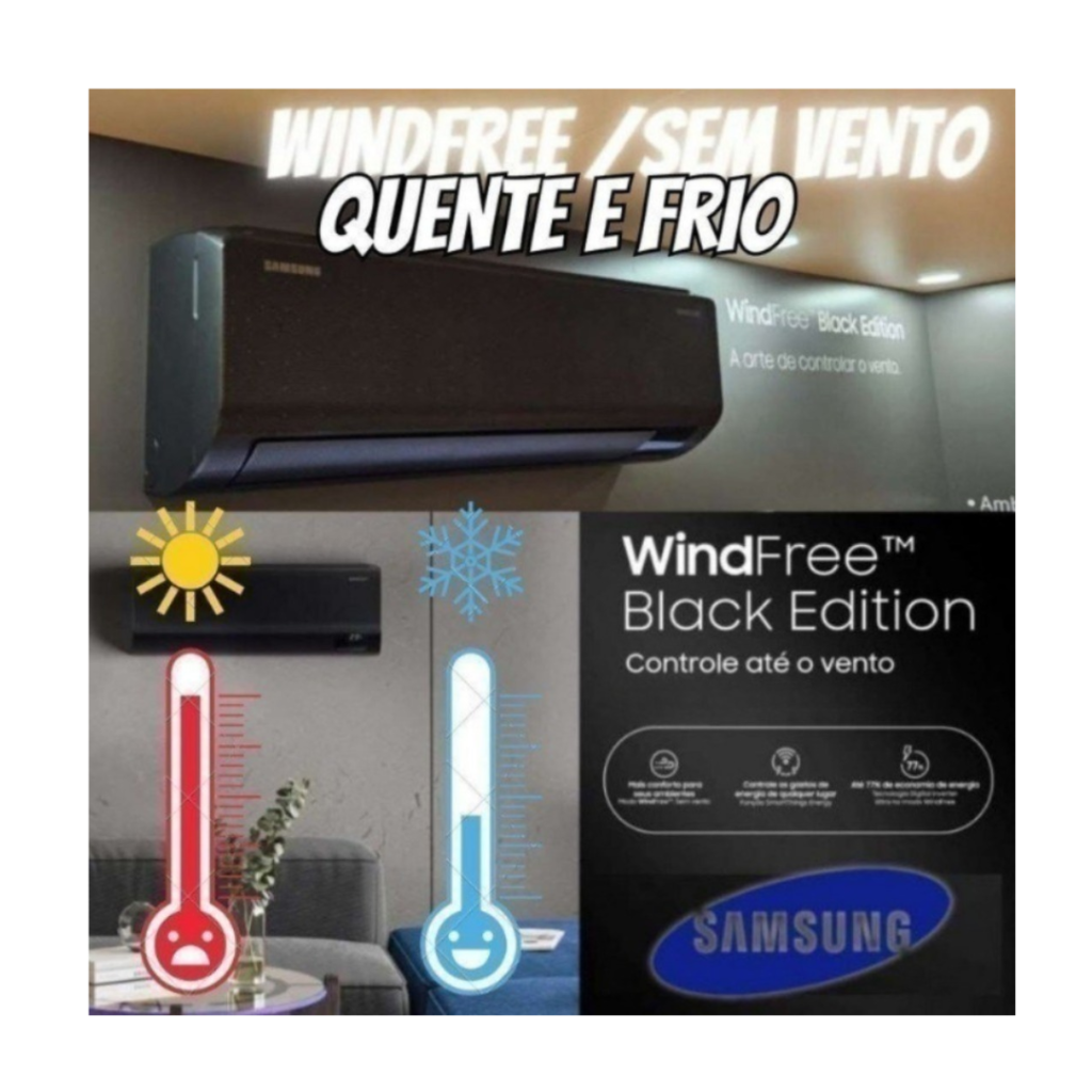 Ar-condicionado Split Inverter Samsung WindFree Black Edition Sem Vento 12.000 BTUs Quente e Frio AR12CSECABTNAZ 220V