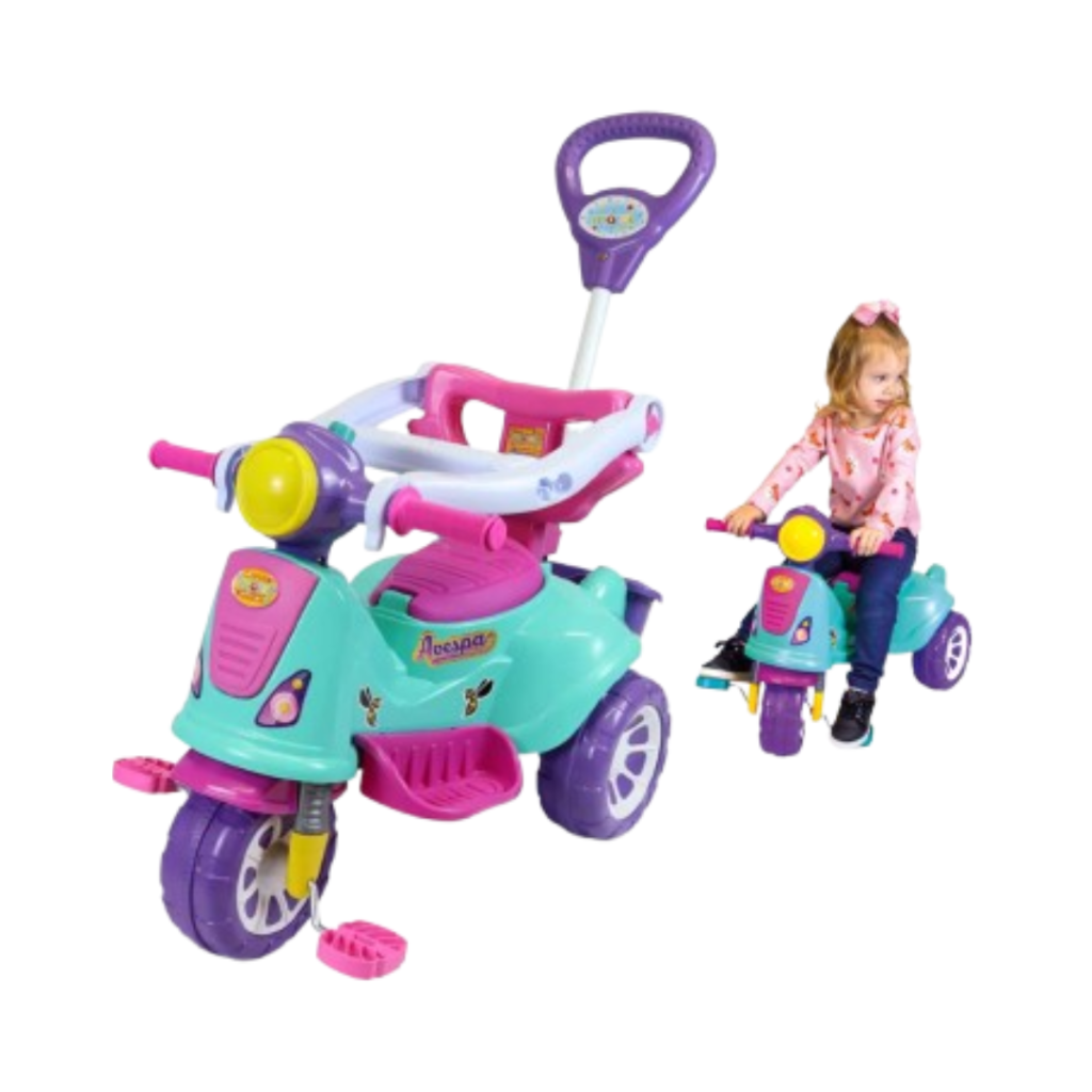 Triciclo Motoca C/ Guia Passeio e Pedal Avespa Pink Maral