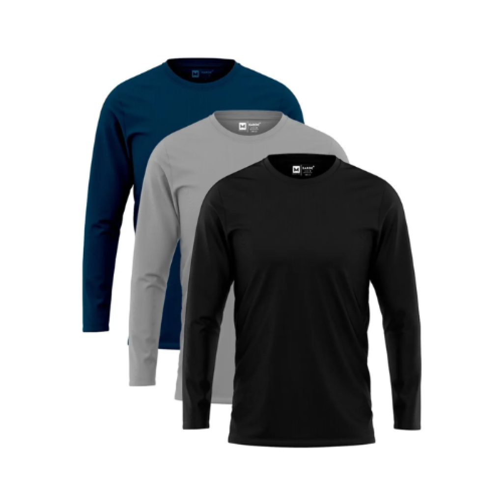 Kit 3 Camisetas Manga Longa Masculina Slim Zaroc em Algodão 30.1 Nacional Tamanhos P ao GG