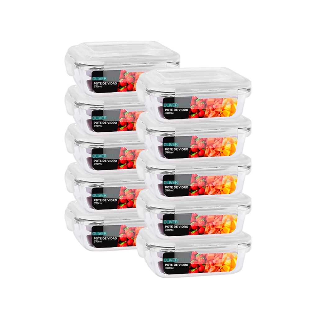 Kit 10 Potes de Vidro 370ml Hermético Marmita Fit com Tampa 4 Travas