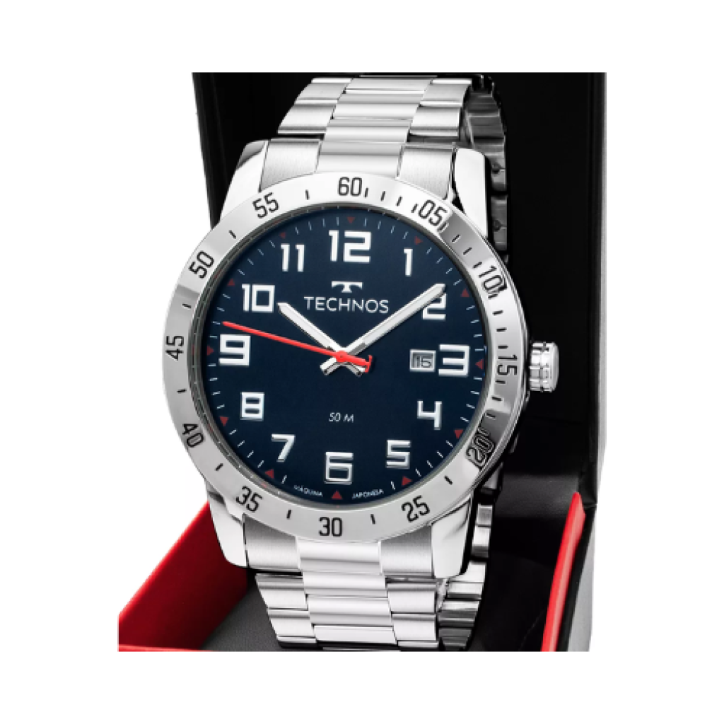 Relógio Masculino Technos Military Prateado 42mm Fundo Azul-Petróleo Resistente à Água