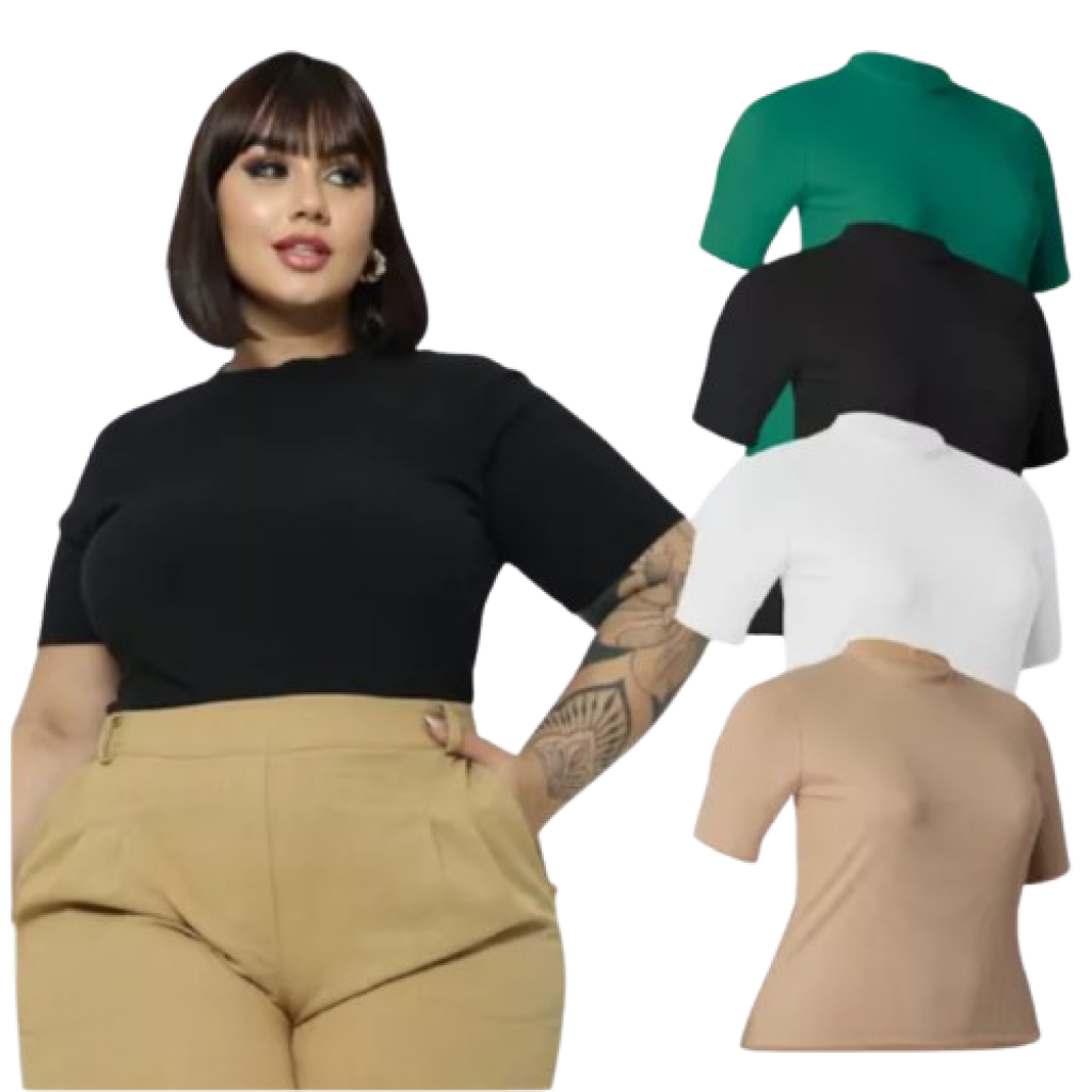 Blusa Blusinha Canelada Gola Com Manga Curta Plus Size
