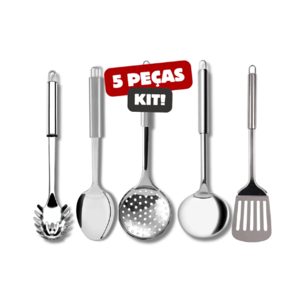 Kit Utensílios de Cozinha em Aço Inox com 5 Peças: Escumadeira, Concha, Pegador e Mais