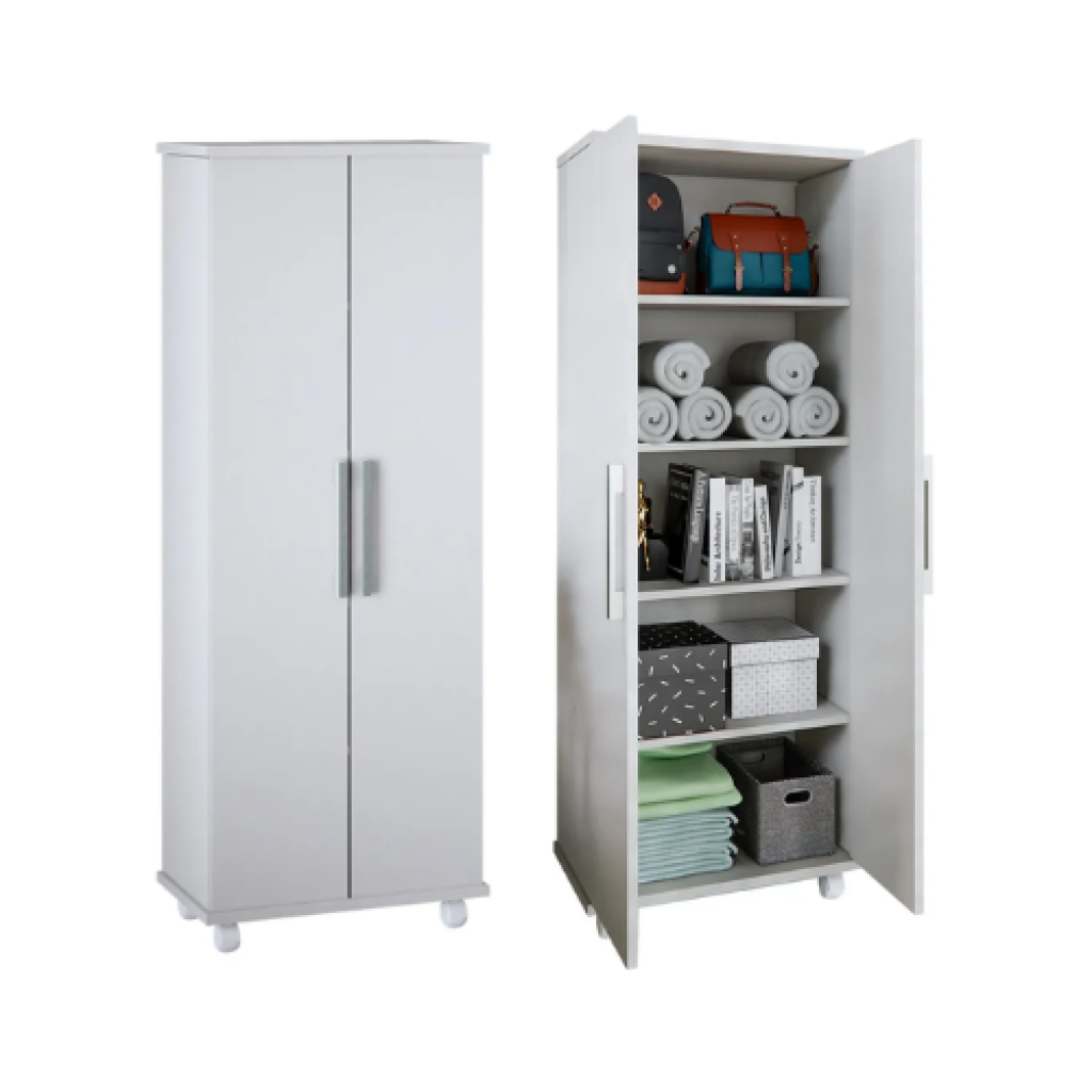 Armário Multiuso com Rodízios Bonatto 2 Portas 5 Prateleiras 160x60cm Branco