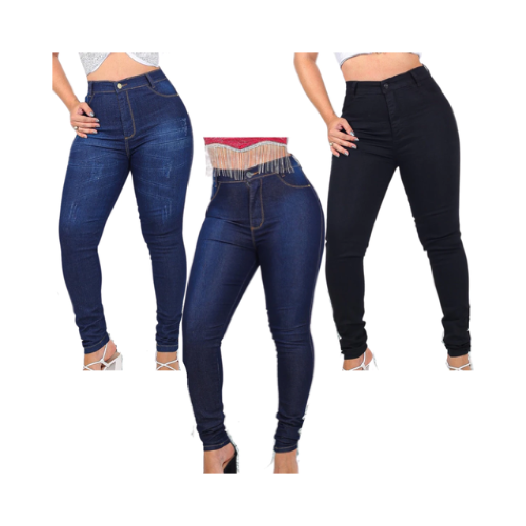 Kit 3 Calças Jeans Feminina Cós Alto Que Vai Até o Umbigo com Lycra Elastano