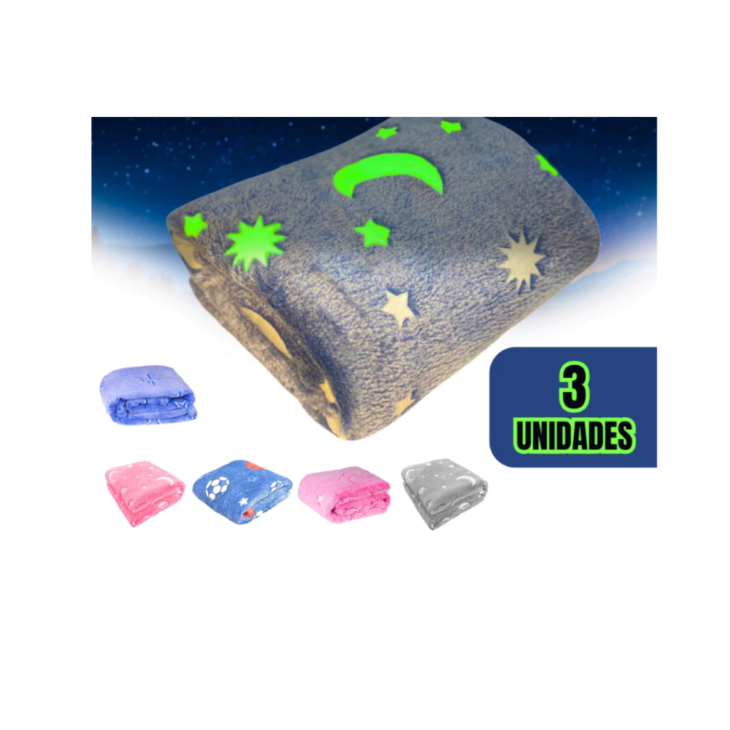 Kit 3 Unidades Manta Brilha No Escuro Para Bebê Infantil Inverno Estampada 100cm x 80cm