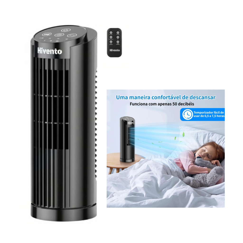 Hivento Ventilador Torre, 3 Velocidades, Oscilação Automática 70°, Controle Remoto e Toque, Temporizador 7,5h, Ventilador de Mesa/Domést