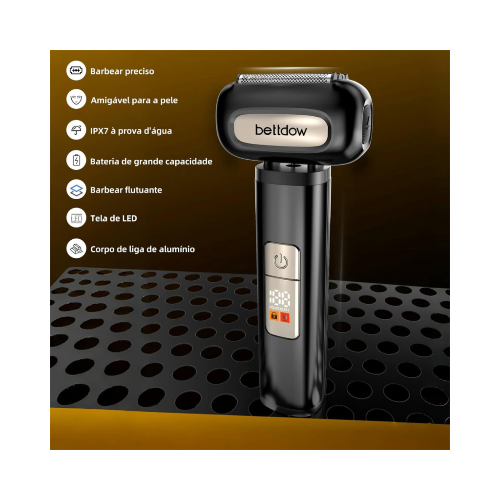 Barbeador Elétrico Masculino, Bivolt, IPX7 à Prova d´água, Carregamento Rápido, Visor de energia LED, pode ser usado continuamente por 2 horas (Preto)