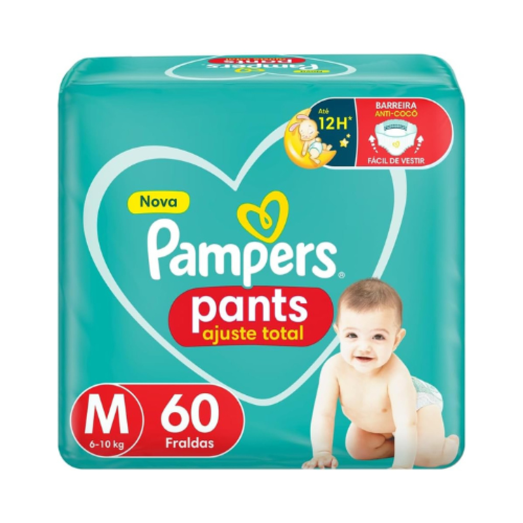 Fralda Calça Pampers Pants Ajuste Total Tamanho M 60 Unidades Cintura Elástica 360°