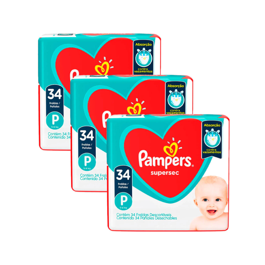 Kit 3 Fraldas Pampers Supersec Pacotão Econômico P - 102 Tiras