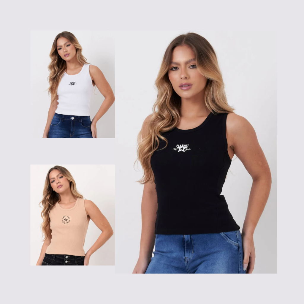 Kit 3 Regatas Cropped Logos Diversos Planet Girls