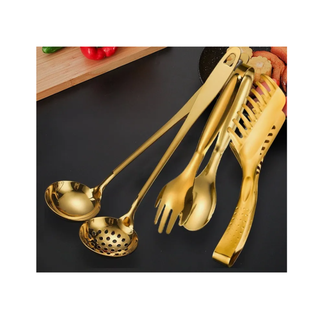 Talheres Kit 4 De Aço Inox Servindo Utensílios Pinça Para Pã Dourado