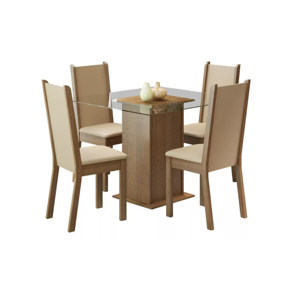Sala de Jantar Madesa Aline Mesa Tampo de Vidro 4 Cadeiras Cor Rustic Crema Pérola 045747G4TPER