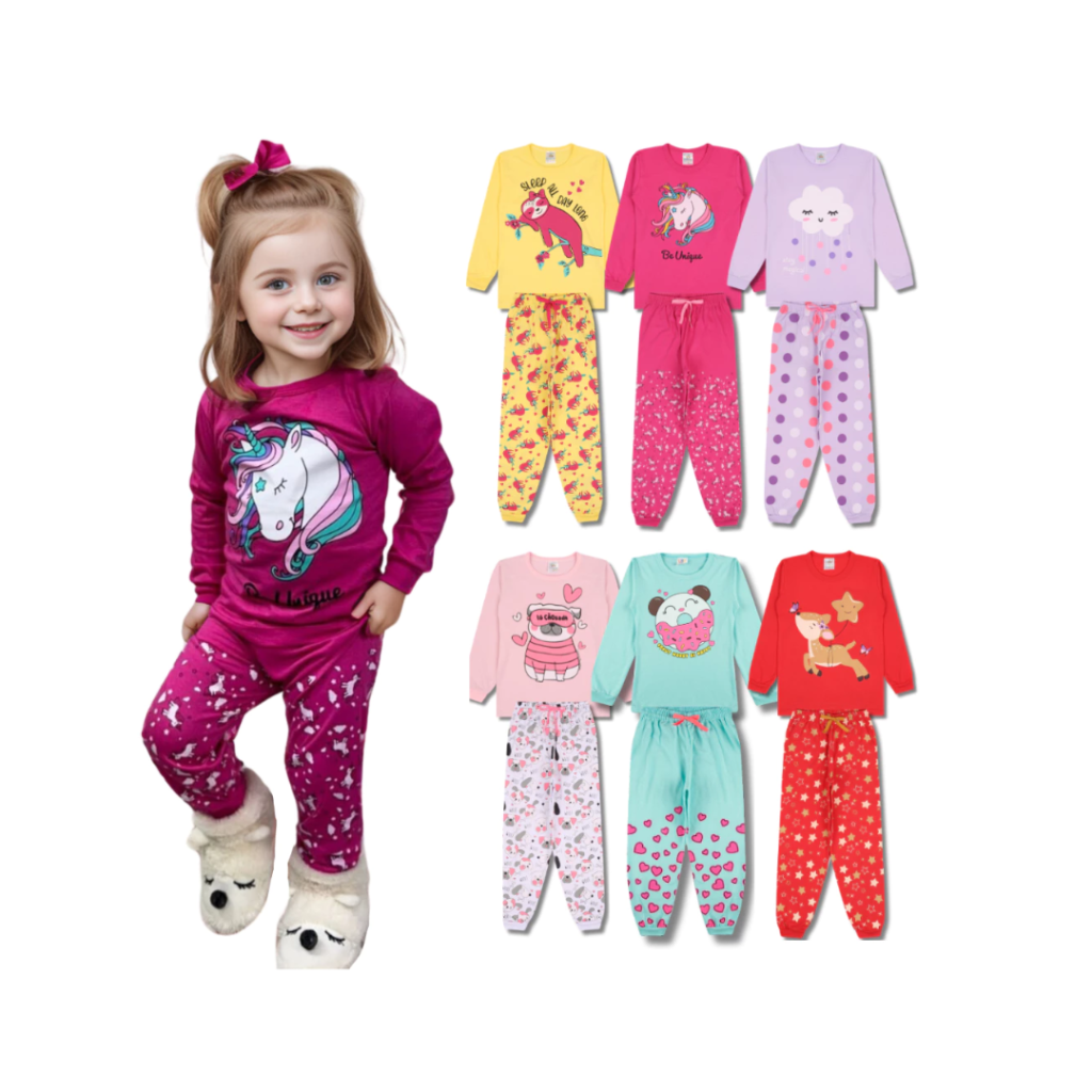 Kit 4 Peças Pijama Infantil Menina Manga Comprida Tamanho 1 ao 10