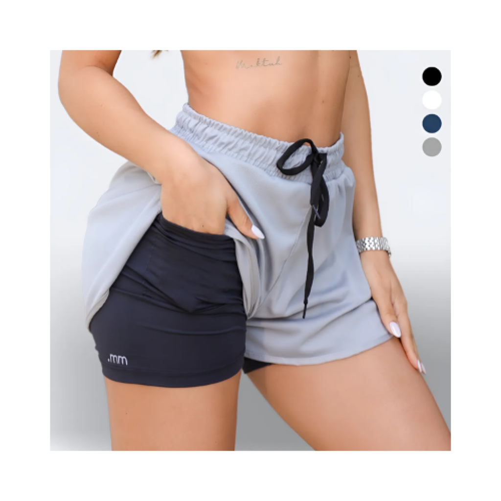 Short Duplo Fitness Feminino Sobreposto com Bermuda Interna Bolsos Cintura Alta