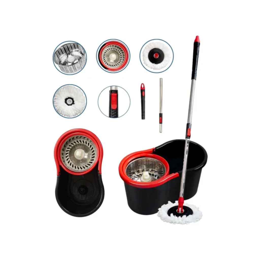 Mop Giratório 360 Balde De 8l Com Cesto Inox Limpeza Refil Cor Preto/vermelho