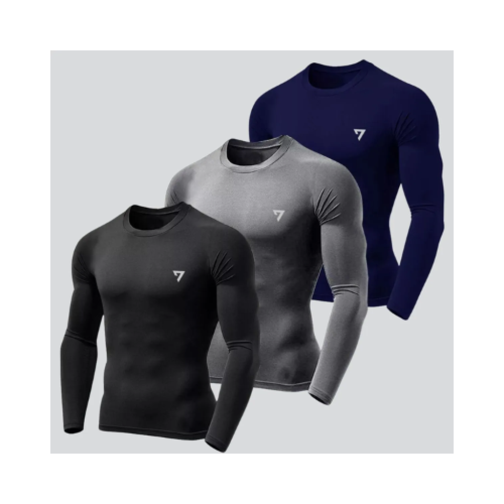 Kit 3 Camisetas Térmicas Masculinas Segunda Pele Proteção Solar UV50 Poliéster Elastano