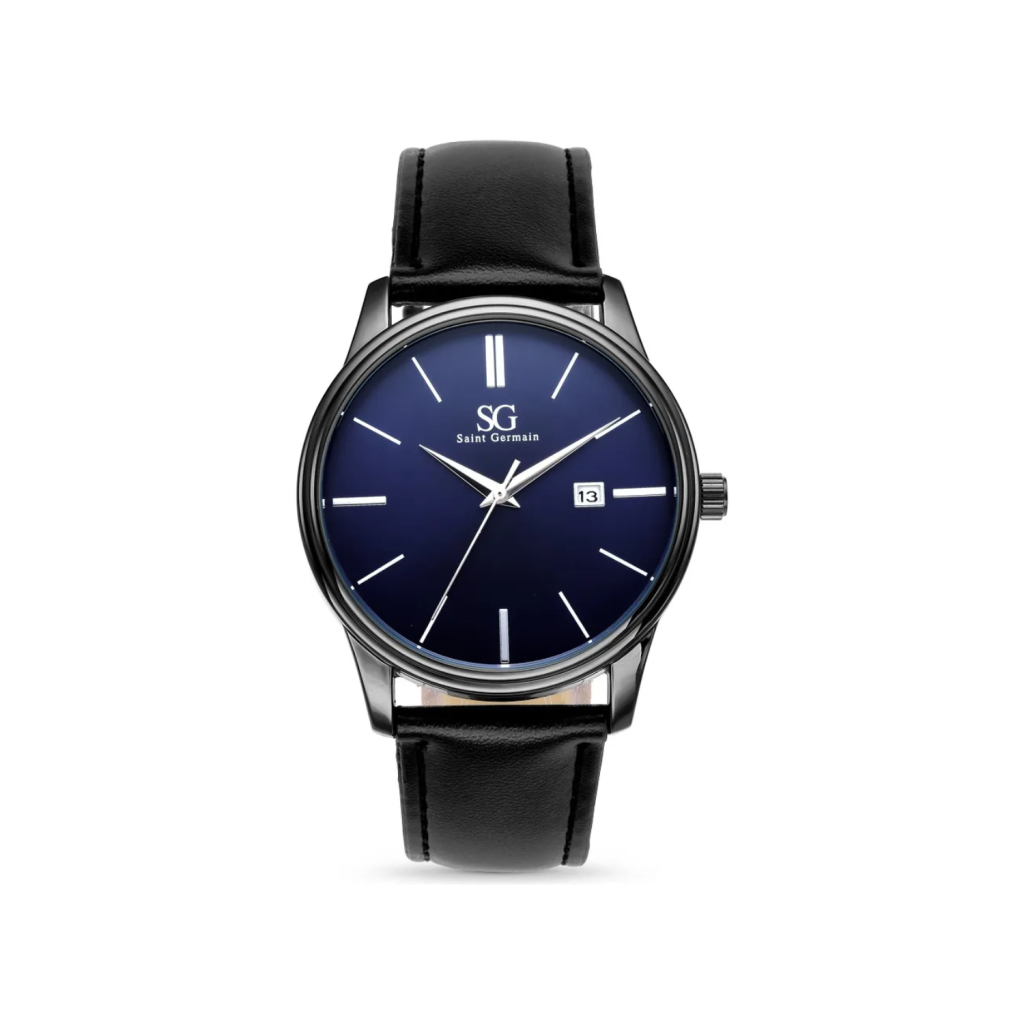 Relógio Masculino Couro Azul Caixa Prata Saint Germain 42mm Preto Preto Azul-marinho