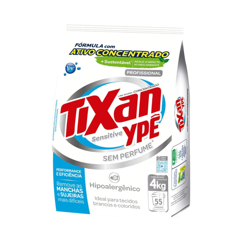 Sabão em Pó Tixan Ypê  Sensitive, Hipoalergênico, Sem Perfume, Sachê 4Kg
