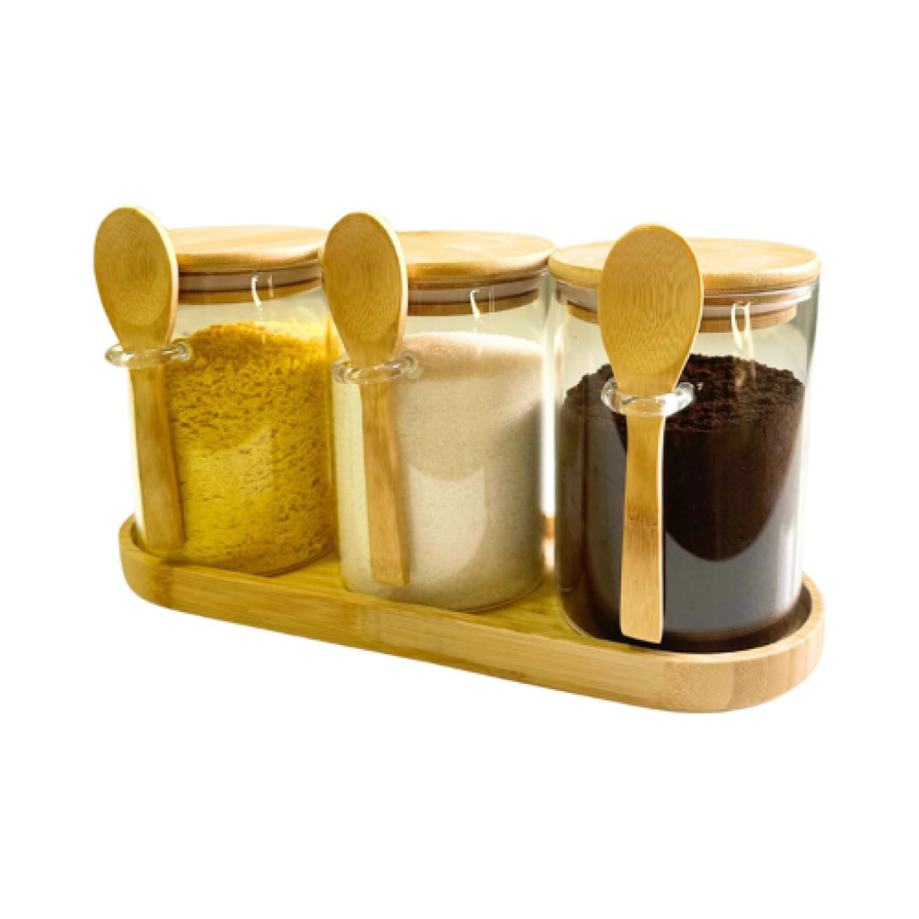 LUMAI Kit 3 Potes de Vidro 550ml com Tampa de Bambu Hermética, Colher Acoplada e Bandeja