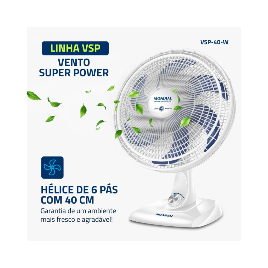 Ventilador de Mesa 40cm Super Power, Mondial, Branco/Azul, 140W, 220V - VSP-40-W