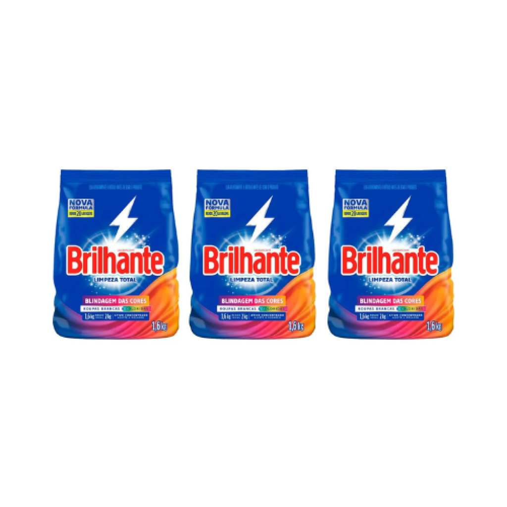 Kit 3x Sabão em Pó Brilhante 1,6kg Limpeza Total Blindagem das Cores – Uso Doméstico