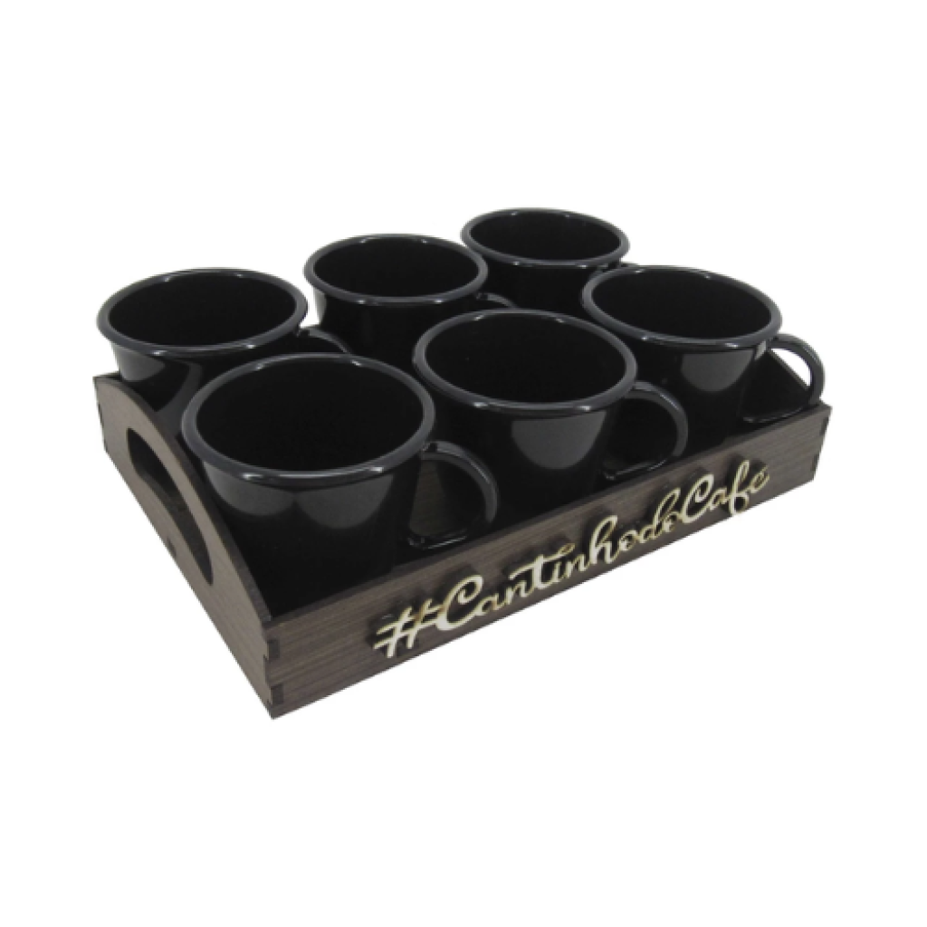 Kit 6 Xícaras de Acrílico 85ml com Bandeja MDF para Café e Chá – Escolha a Cor