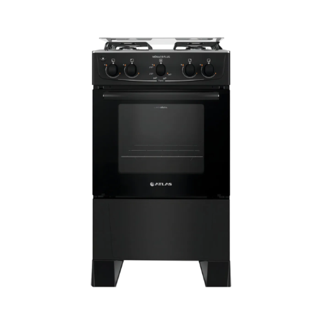 Fogão 4 Bocas Atlas Mônaco Plus Preto Mesa Inox Acendimento Automático Forno 50L