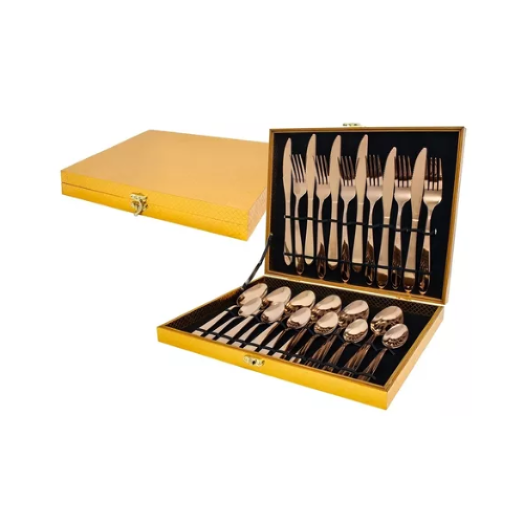 Jogo de Talheres 24 Peças MM House Premium – Aço Inox Dourado com Maleta Luxo