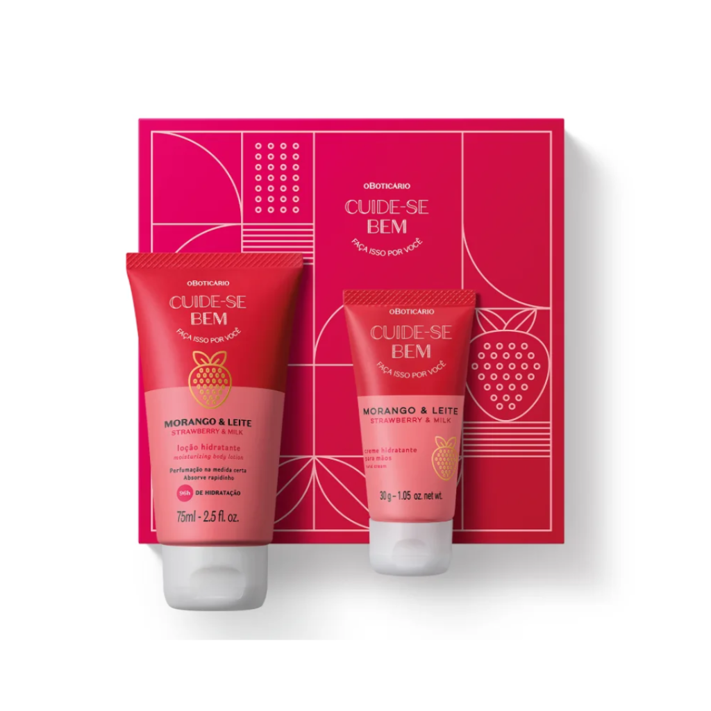 Mini Kit Presente Cuide-se Bem Morango e Leite: Loção Hidratante Desodorante Corporal 75ml + Creme Hidratante para as Mãos 30g