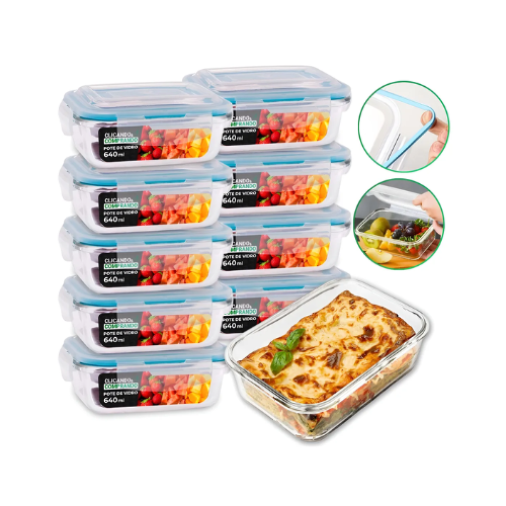 Kit 10 Potes de Vidro 640ml Retangular com Tampa Hermética Branca BPA Free
