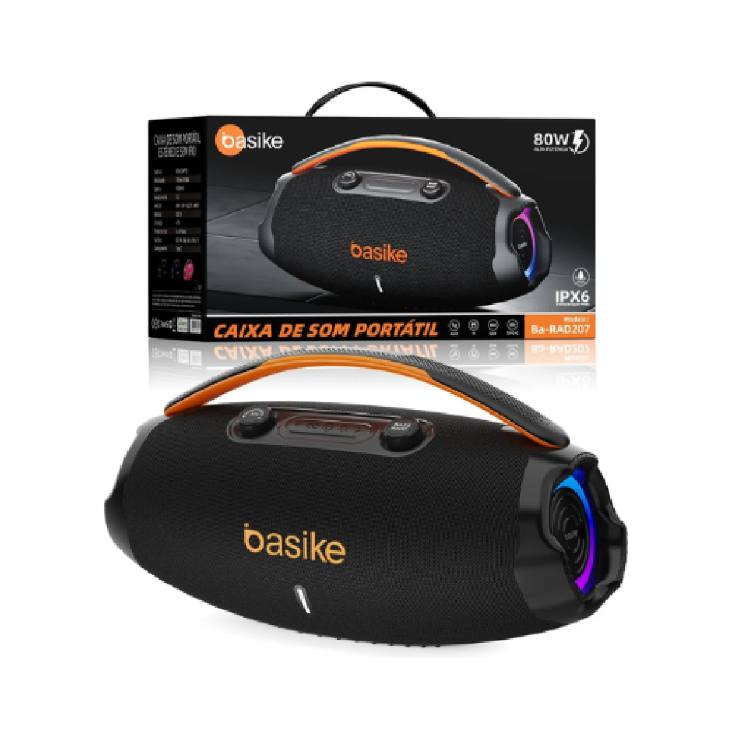 Caixa de Som Bluetooth Basike BA‑RAD207 80W TWS IPX5 Bateria 9000mAh Graves Ajustáveis
