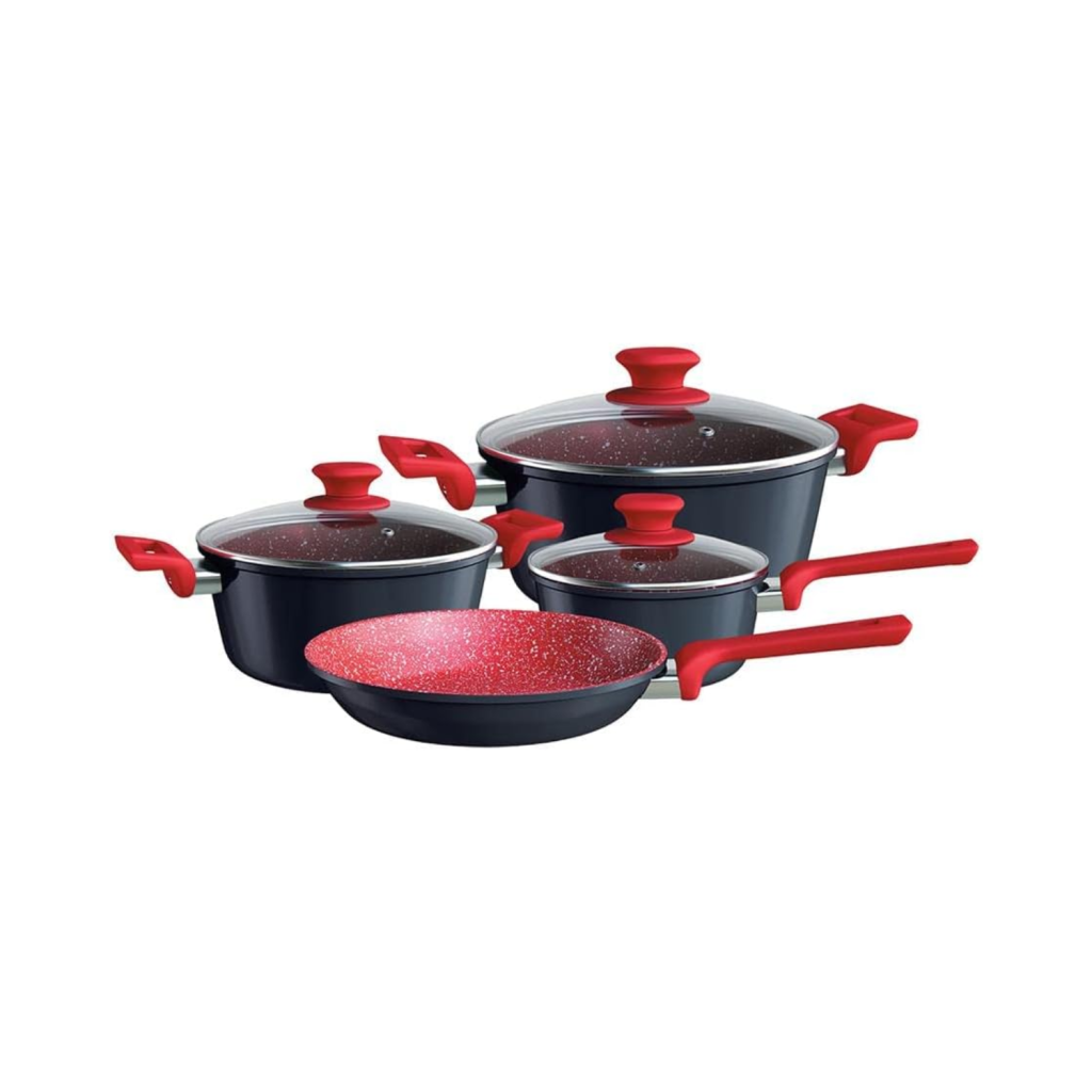 Conjunto de panelas ColorStone 4 peças de alumínio com antiaderente e tampa de vidro, Titânio, ALU8709-TI, Euro Home