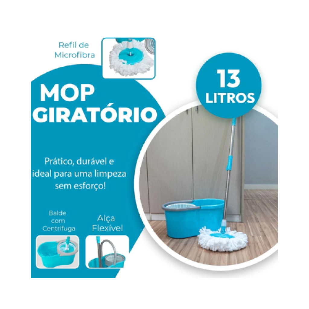Mop Esfregao Giratorio Centrifuga Cesto 13L Lava e Seca Cabo Extensivel
