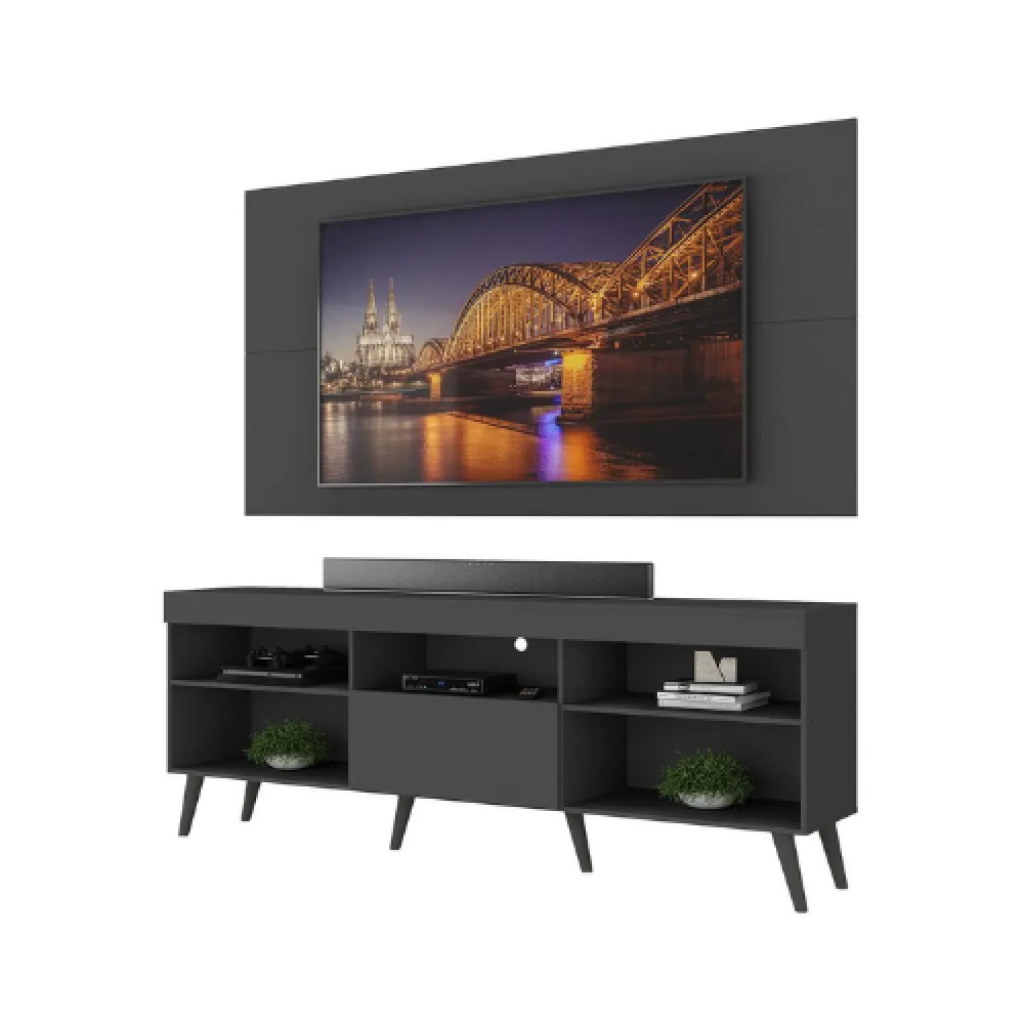 Rack com Painel Multimóveis MP1042 – Para TV até 65”, Retrô, 175cm, Preto