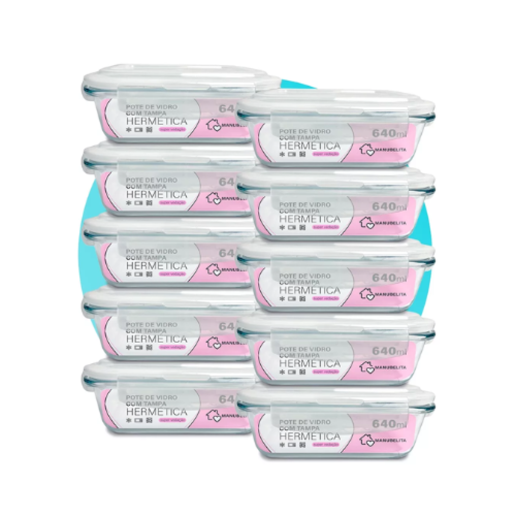 Kit 10 Potes de Vidro Manubelita 640ml Herméticos com Tampa Vedação Forno e Freezer