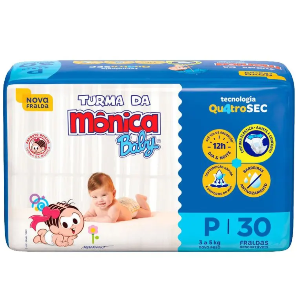 Fralda Turma da Mônica Baby Tam. P 3 a 5kg - 30 Unidades