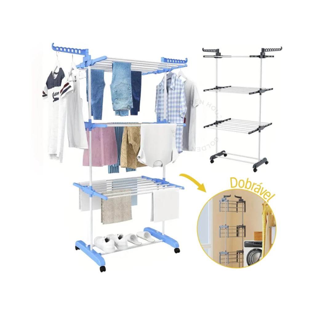 Varal De Chão Roupa Calcinha Prateleiras 3 Andares Dobrável Portátil