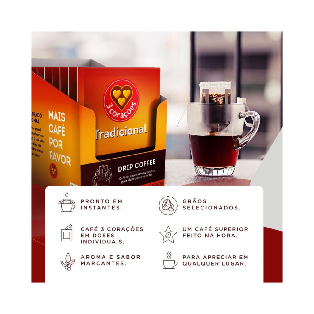 3 Corações Café Drip Coffee Tradicional - contém 10 unidades