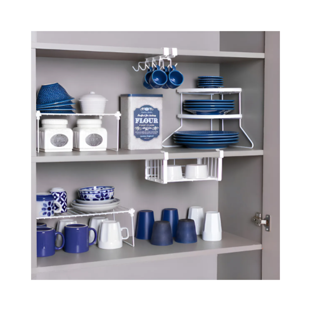 Kit com 5 Organizadores de Armário de Cozinha em Aço Aramado com Porta Xícaras Pratos e Prateleiras