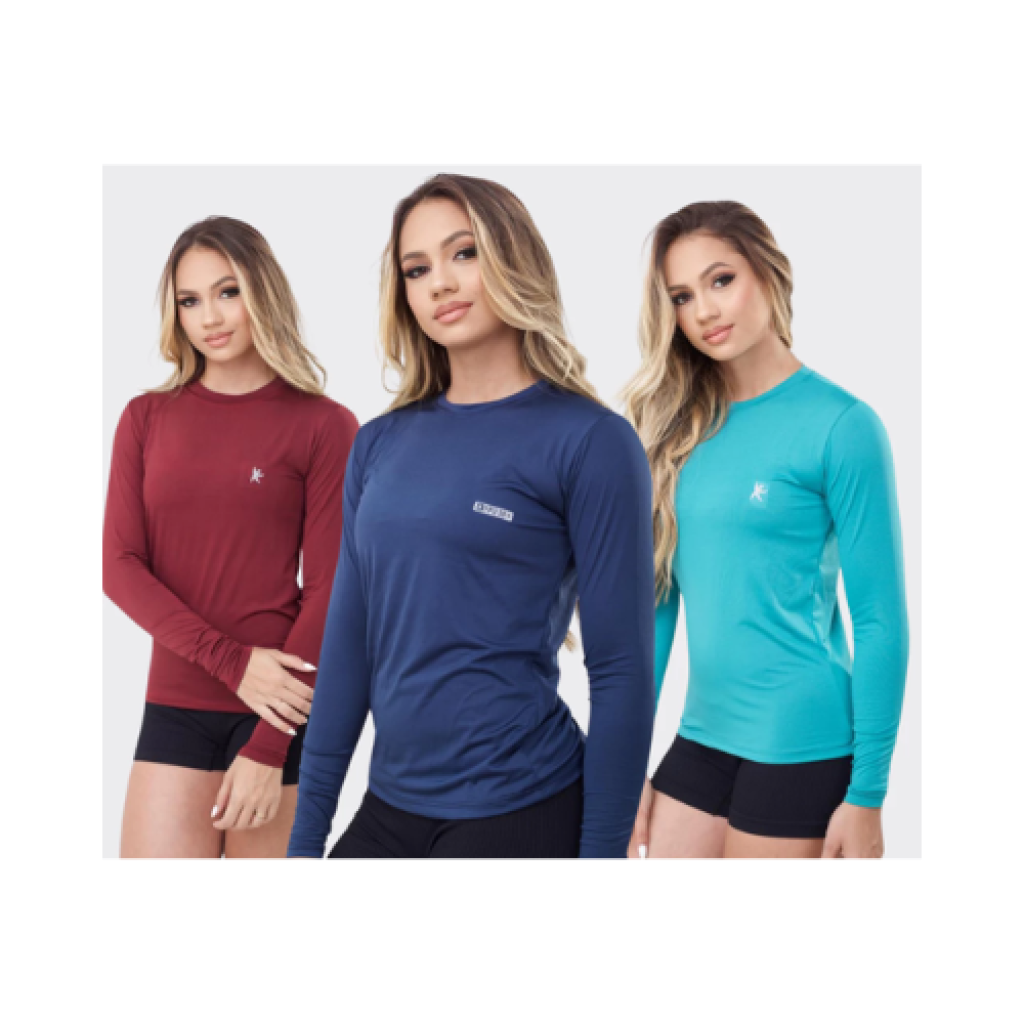 Kit 3 Camisas Térmicas Femininas Manga Longa UV 50+ Segunda Pele Malha Fria Poliéster