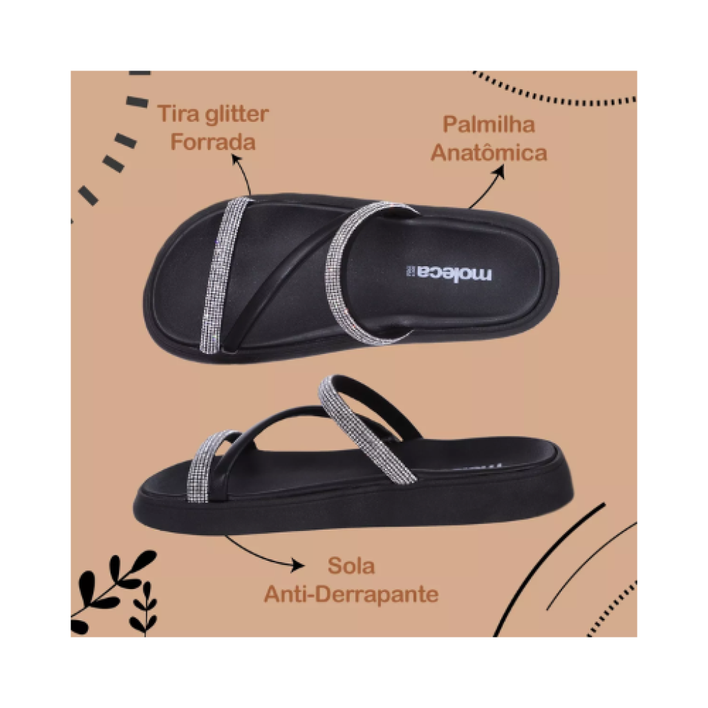 Sandália Papete Feminina Moleca Strass Conforto Solado Baixo