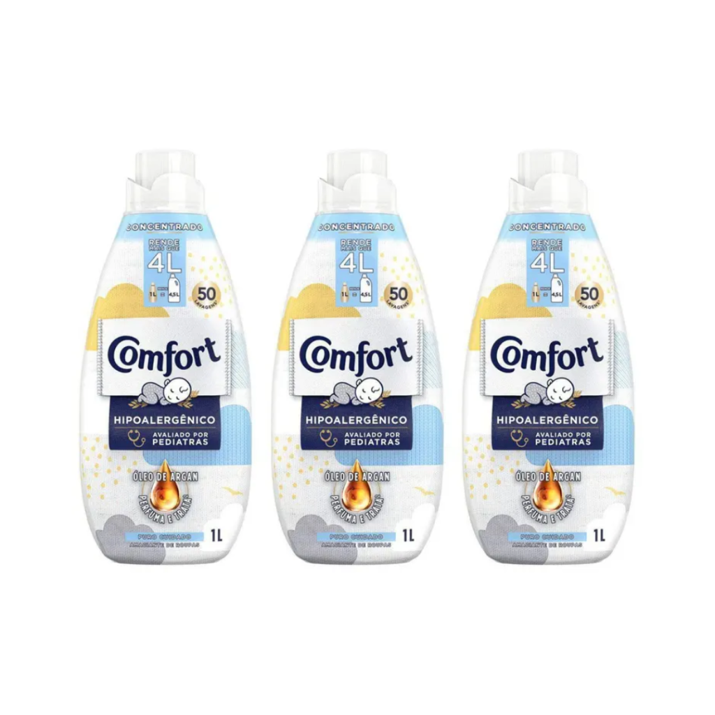 Amaciante de Roupa Comfort Puro Cuidado - Concentrado 1L - Kit 3 Unidades