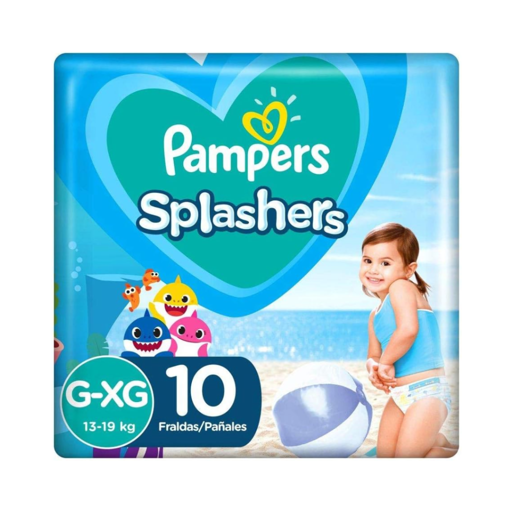 Fraldas Descartáveis Para Água Pampers Splashers Baby Shark G-XG 10 fraldas