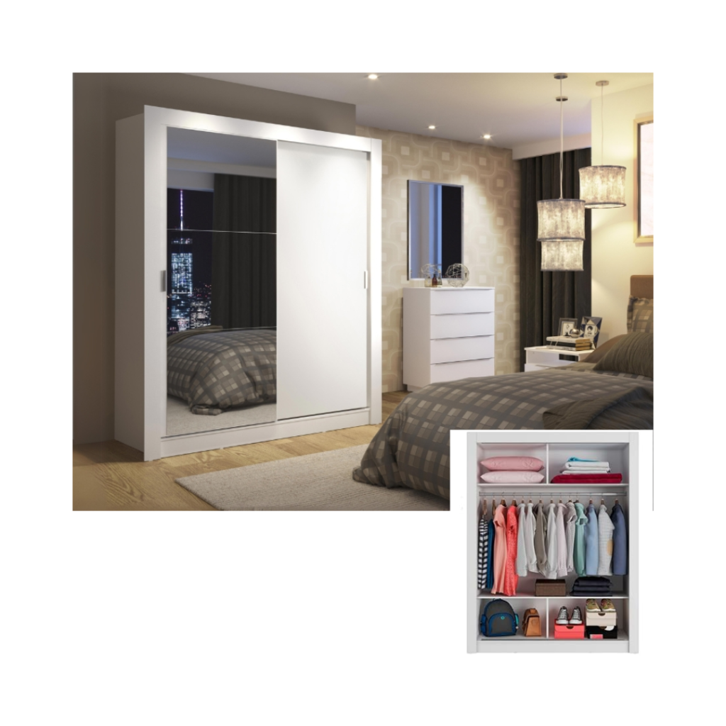 Guarda-Roupa Solteiro Madesa Denver 2 Portas de Correr com Espelho - Branco