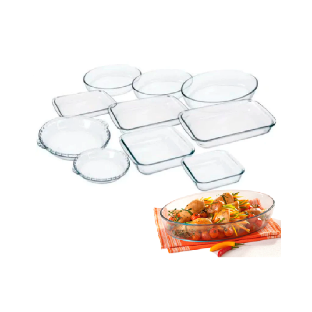 Conjunto Marinex 7 Travessas de Vidro Temperado Variadas Para Forno e Cozinha 600ml a 2,4L