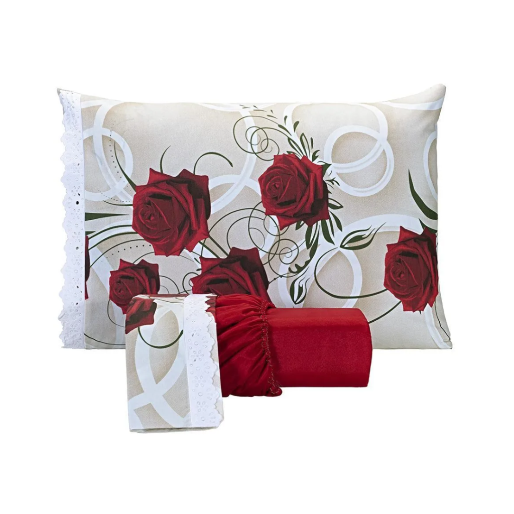 Jogo Lençol Estampado Casal Super King 03 Peças Rosas