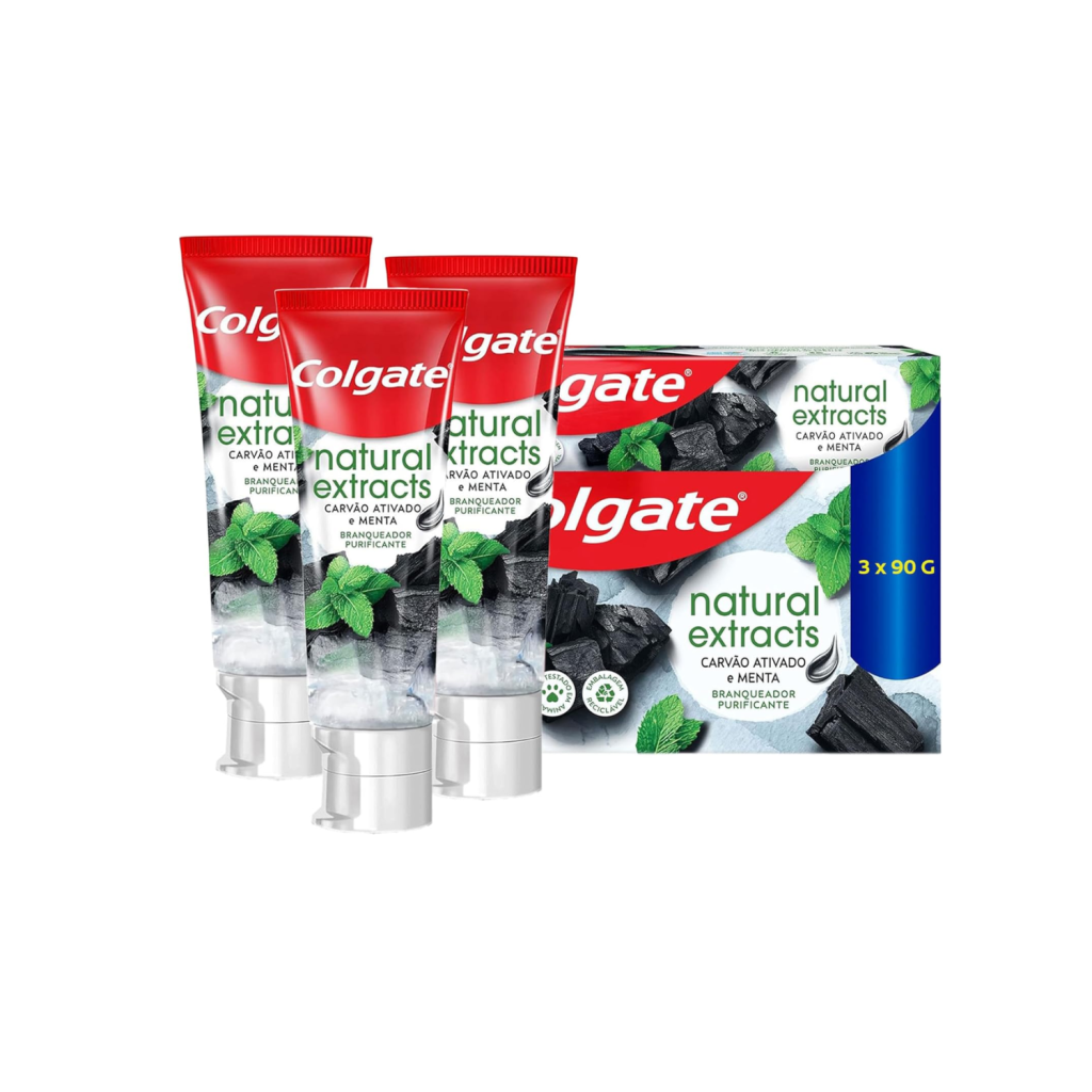 Colgate Creme Dental Vegano Natural Extracts Carvão e Menta, Dentes Mais Brancos, Sem Gluten, Com Flúor, 90g - 3 unidades